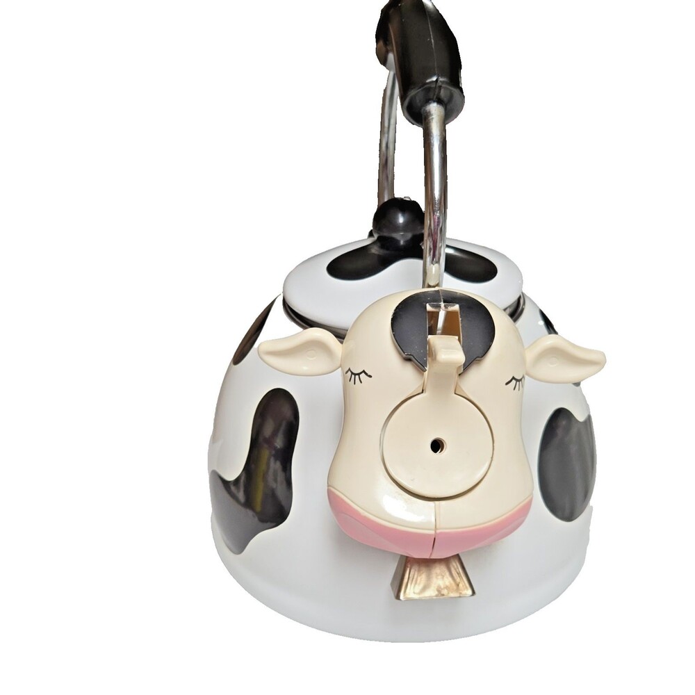 Kamenstein Cow Print Whistling Tea Kettle White Black Ergonomic Handle